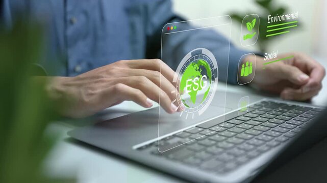 ESG concept focusing on environmental, social and governance responsibility. Sustainable business strategy, corporate ethics, risk management and long-term value creation.