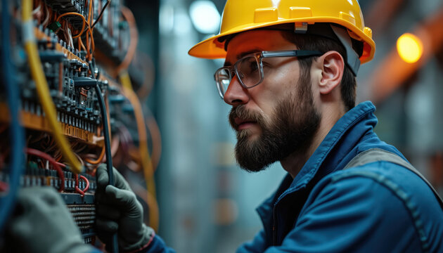 Electrician in hard hat and glasses works on complex wiring panel. Man connects wires on industrial electrical equipment. Skilled worker performs technical maintenance on machine.