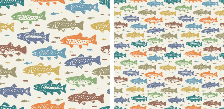 Colorful Trout Fish Seamless Pattern Vector Background for Fishing and Outdoors