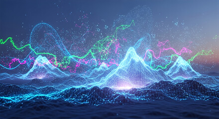 Digital Waveform with Neon Lights and Mountains.