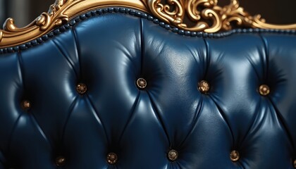 Fototapeta premium Dark blue tufted leather upholstery with gold trim accents shows luxury and comfort. Detailed diamond pattern with ornate buttons, perfect for interior design or classic furniture.