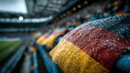 Football stadium with German national team scarf covered in rain droplets.