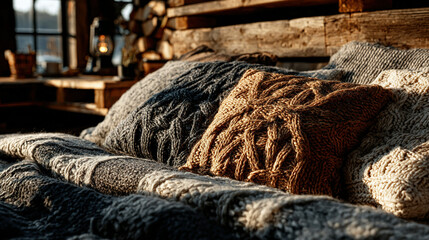 Cozy, rustic interior with knitted cushions and warm lighting in a wooden room.