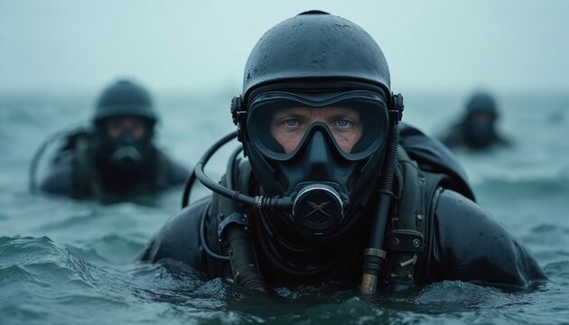 Navy SEAL diver in tactical gear surfaces from water. Team prepares for underwater mission, special ops soldier with breathing apparatus trains for combat.