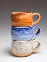 a stack of three mugs, one is orange with white speckles and the other two are blue with light brown spots, all made from shiny, glossy clay