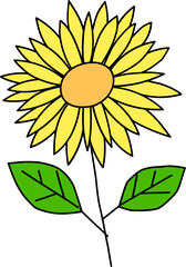 Yellow sunflower with green leaves. Cute simple cartoon vector illustration.