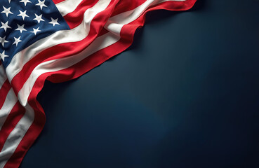 American flag ripples softly against a dark backdrop, evoking patriotism and national pride. Stars and stripes symbolize freedom and unity. A clean, spacious design for commemorative themes.