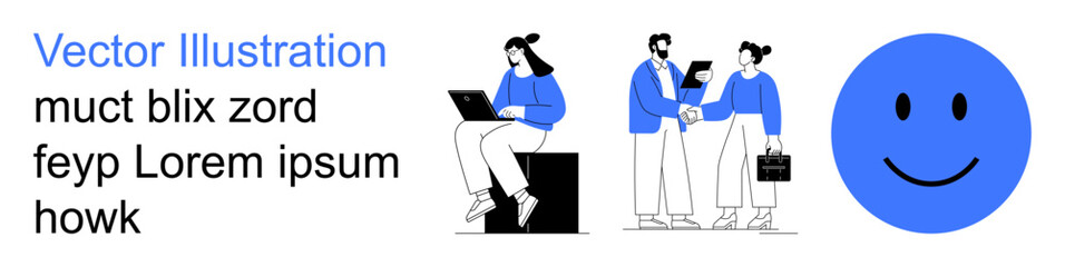 Fototapeta premium Teamwork, communication, business, collaboration, digital workflow, positivity. Group of professionals interacting and a happy face icon. Teamwork and communication theme