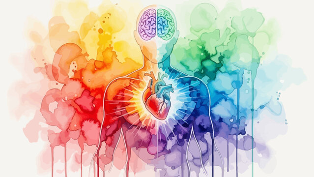Colorful artistic representation of human anatomy focusing on brain and heart connection.