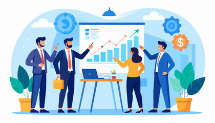 Team collaborating on a business growth strategy, presenting financial data and charts on a digital screen