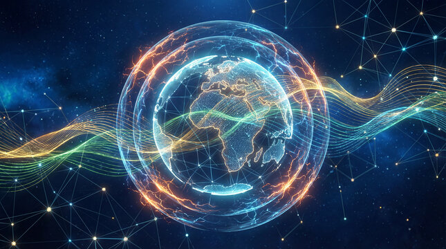 Digital globe with firewall layers and AI algorithms for cybersecurity network protection