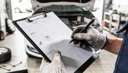 Auto mechanic wearing work gloves records notes on a grease-smudged clipboard inside a vehicle repair garage.