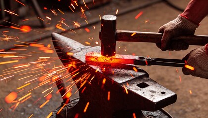 Close-up of a blacksmith hammering a glowing hot metal bar on an anvil, creating a dramatic shower of bright orange sparks.
