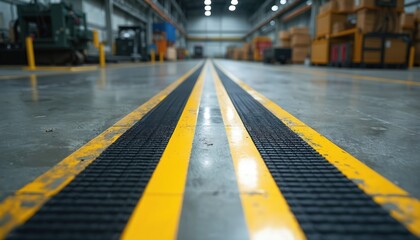 Clean industrial warehouse floor with clear yellow safety lines marking paths. Black anti-fatigue mats create a safe walking zone. Organized storage boxes and equipment in background.