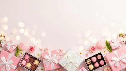 Valentine&rsquo;s Day Chocolate and Gift on Pastel Pink Background with Copy Space