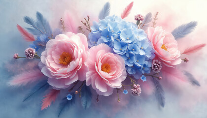 Soft pink peonies and blue hydrangeas with feathers create a dreamy floral arrangement. This delicate composition offers a romantic aesthetic perfect for event decor or elegant stationery.