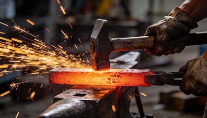 Blacksmith hammering a glowing hot metal bar on an anvil, creating a shower of brilliant sparks.
