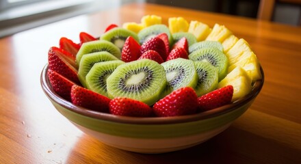 Colorful sliced fresh fruits are attractively arranged inside a ceramic bowl resting on a wooden surface.