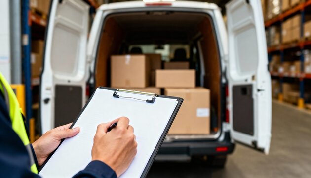 Close-up of a worker checking a clipboard with packages stacked in the back of a delivery van at a warehouse.