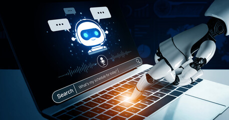 AI assistant uses voice commands and smart chatbot interface for seamless search and communication,...