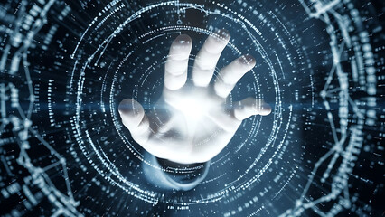 Futuristic Hand with Digital Interface Elements.