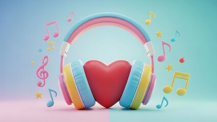 Colorful headphones surround a red heart with pastel musical notes.