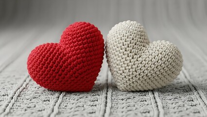 Two knitted red and white hearts resting side by side on a cozy gray knitted fabric.