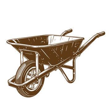 Drawing Vintage Brown wheelbarrow with one wheel and two handles on white background  gardening tool for carrying heavy loads