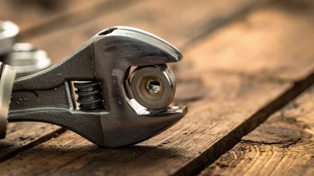 Adjustable Wrench Gripping Metal Plumbing Part on Rustic Wood