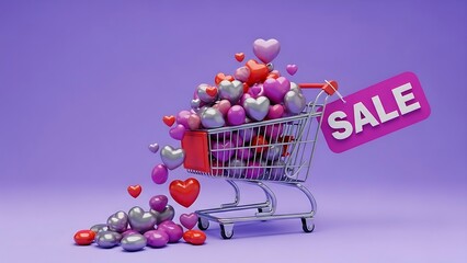 Miniature shopping cart overflowing with hearts and 'SALE' tag on purple background.