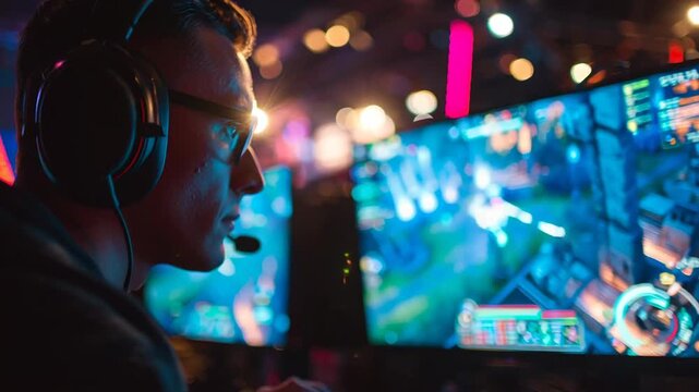 Intense Gaming Session - Pro Gamer in Action with Headset.