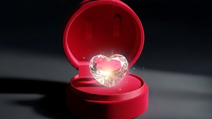 Heart-shaped diamond sparkling in an open red velvet jewelry box.
