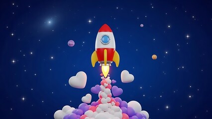A red and white 3D rocket launching through colorful heart-shaped clouds into a starry night sky.