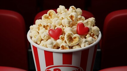 A popcorn bucket filled with heart-shaped kernels sits in a dark movie theater.
