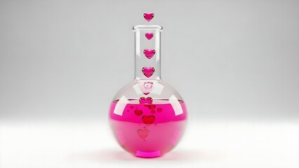 Pink hearts descending into a glass laboratory flask filled with liquid.