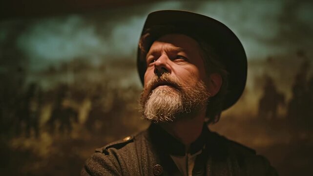 Intense Portrait of a Bearded Man in Historical Setting.