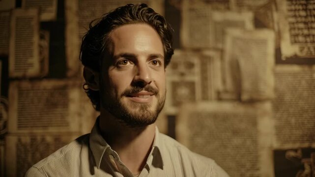 Intense Portrait of a Man with a Beard in a Textured Room.