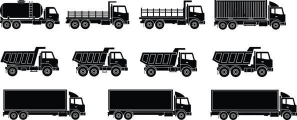 Set of heavy duty truck silhouettes, commercial transport vehicles including tanker, dump truck, cargo trailer, logistics delivery van, industrial freight machinery icons, vector illustration. © Vector World