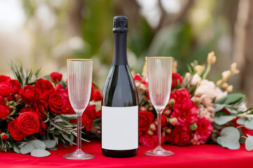 Champagne bottle and flutes on a red floral table setup