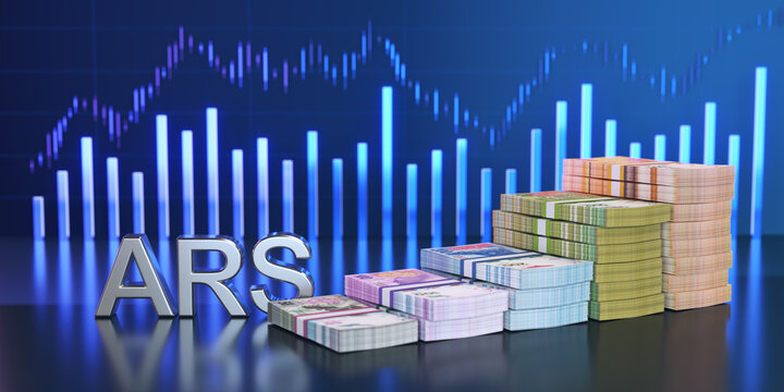 Argentina Peso (ARS) currency stacks and financial growth chart.