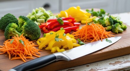 Freshly cut assorted colorful vegetables are arranged on a wooden cutting board next to a large kitchen knife.