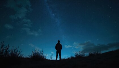 Silhouette of a man looking up at a starry night sky with the Milky Way visible. He stands on a grassy hill under a dark blue expanse filled with countless stars and clouds.