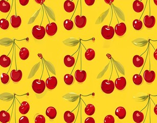 Red cherries and green leaves on yellow color simple background 