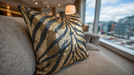 Decorative pillow with zebra pattern sequins on a sofa in a modern living room.