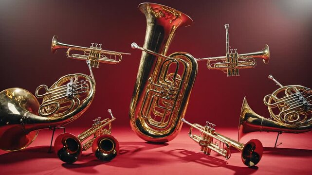 Several shiny brass wind instruments arranged on a red surface with shadow