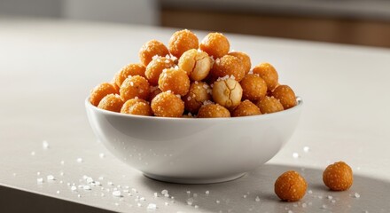 Savory coated peanuts sprinkled with coarse salt fill a white bowl on a light surface