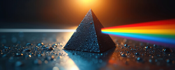 Triangular prism splits light into colorful rainbow spectrum. Sunlight refracts into colors on wet dark surface. Optical physics and science experiment.