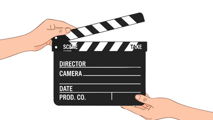 Illustrated movie clapperboard held by hands isolated on white background signifying start of filmmaking with black and white clapboard