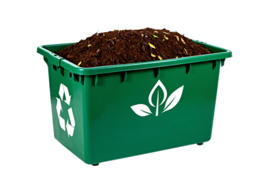 Green plastic compost bin full of dark soil and organic fertilizer, recycling container with white eco symbols isolated on transparent background, sustainable gardening concept