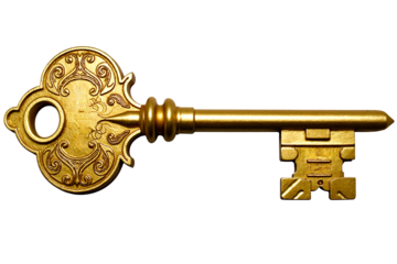 Vintage golden key with ornate bow and complex bit, antique metal skeleton key representing success and security isolated on transparent background, retro secret locking tool